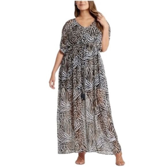 Rachel Zoe Animal Print Tie Waist Sheer Maxi Dress Size L - Picture 1 of 11